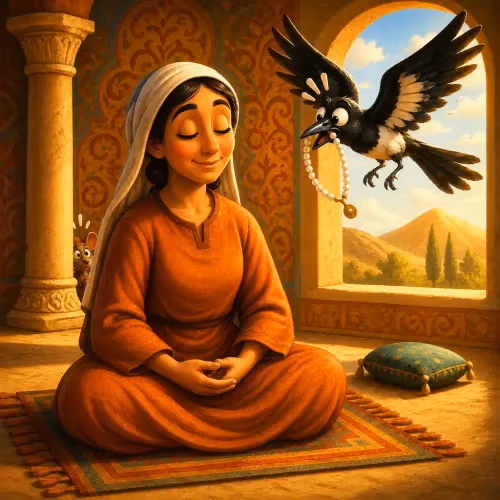 A magpie perched with a stolen necklace as a wrongly accused woman looks on