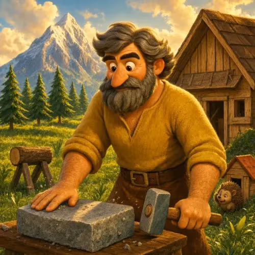 A humble stonecutter gazing up in wonder at the sun, mountain, and sky