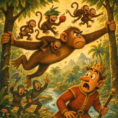 A brave monkey leader standing before his tribe and an approaching human king