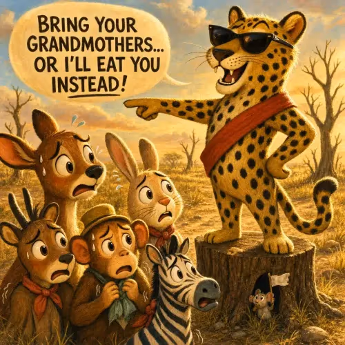 A clever tortoise standing up to a leopard demanding animals sacrifice their families