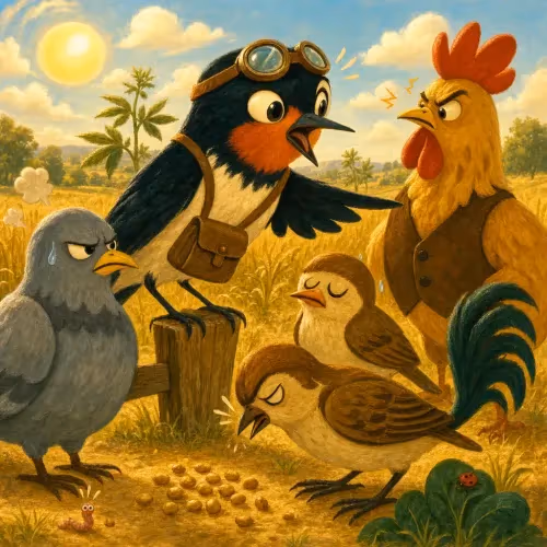 A swallow warning a flock of birds perched near a farmer sowing hemp seeds