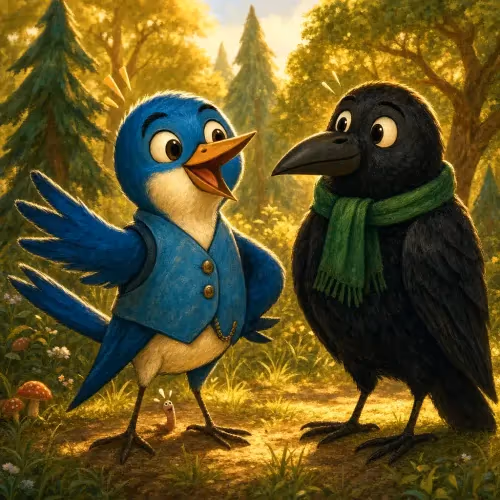 A swallow flaunting its bright feathers to an unimpressed, dark-feathered crow