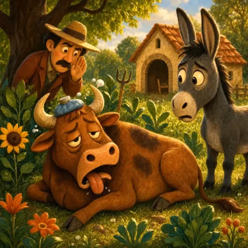 A merchant listening secretly as his bull and donkey scheme in their barn
