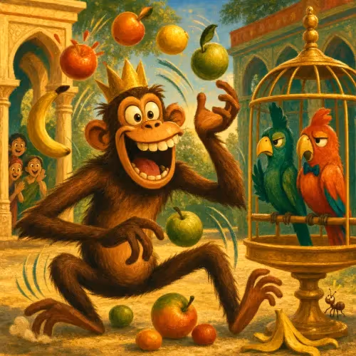 Two parrot brothers watching a funny ape entertain the king's court instead of them
