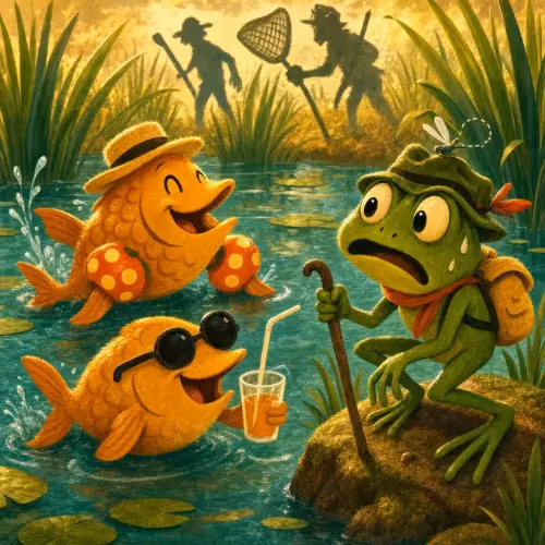 Two fish swimming past a frog's warning about approaching fishermen