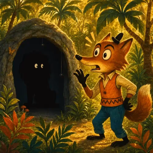 A lion listening outside a cave while a clever jackal hides just inside