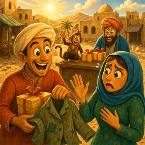 A merchant wrapping old, stolen clothes in bright paper to sell at a stall