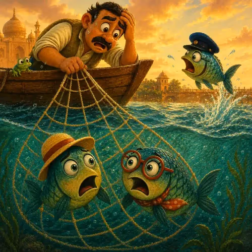 Three fish caught in a net, one calmly plotting their clever escape