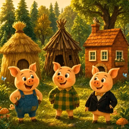 A wolf huffing and puffing outside a sturdy brick house as three pigs peek out