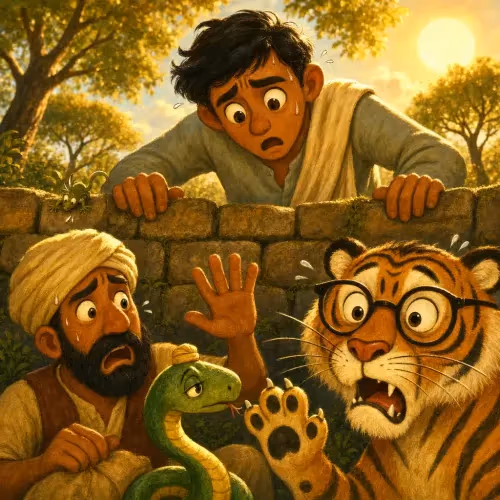 A man named Aditya pulling a tiger, snake, and another man from a deep well