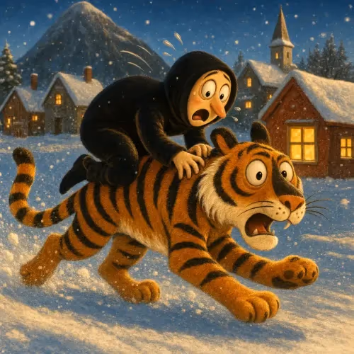 A startled tiger fleeing after mistaking a dried persimmon for a fearsome creature