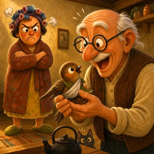 An old man cradling an injured sparrow while his wife watches with a scowl