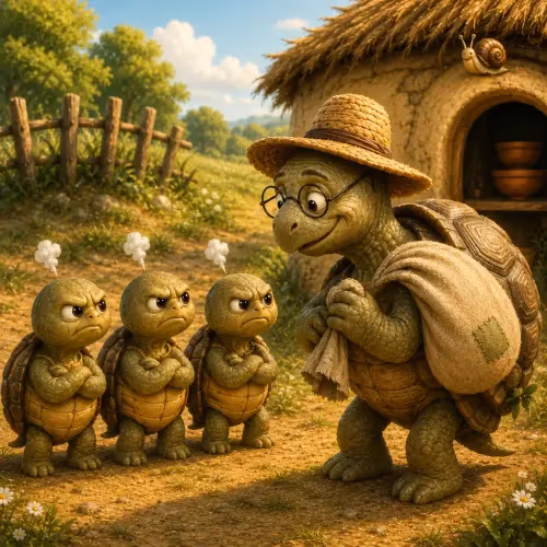 An old tortoise lecturing his children about honesty beside a pile of gathered leaves