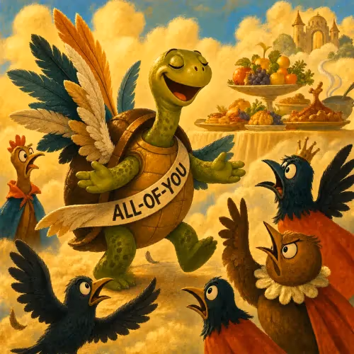 A tortoise gripping a stick between two birds, soaring toward a feast in the sky