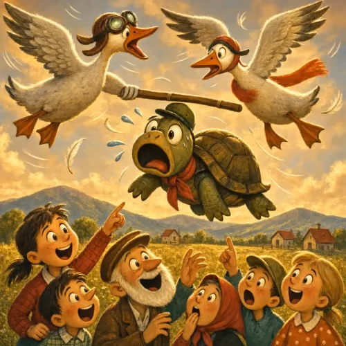 A tortoise gripping a stick in its mouth as two geese carry it through the sky