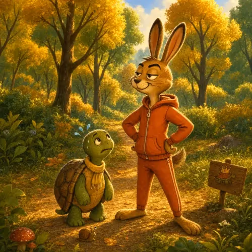 A slow tortoise steadily walking past a napping, overconfident hare