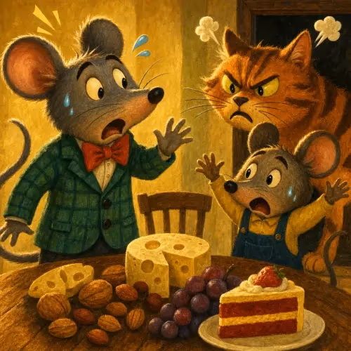 A country mouse marveling at a lavish feast in his city cousin's home