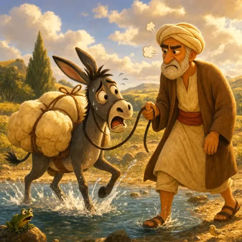A donkey grinning as its heavy load grows lighter after slipping into a river