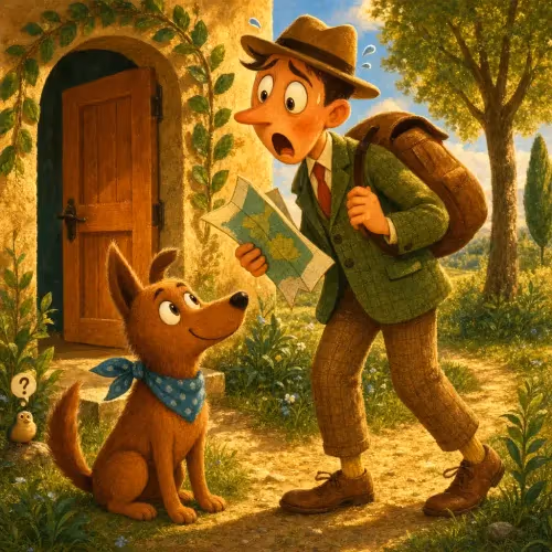 A traveler surprised to find his loyal dog already waiting, packed and ready