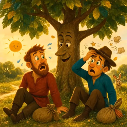 Two travelers resting in the shade of a wide plane tree