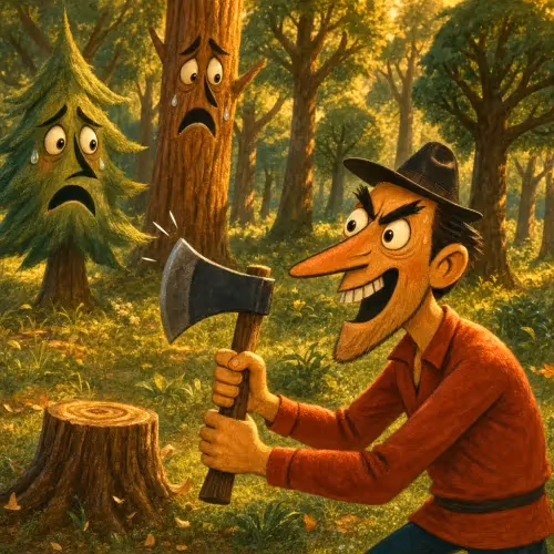 A man fitting a new handle onto his axe, gifted from the very trees around him