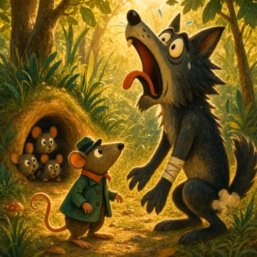 A great rat outsmarting a cunning wolf surrounded by a group of rats