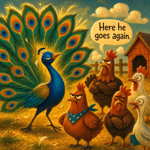 A proud peacock displaying its feathers while a turkey and goose look on enviously