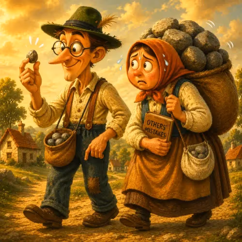 A wise woman pointing out the two bags people carry, one in front, one behind