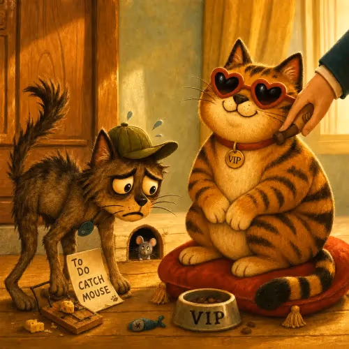 A thin, hungry cat watching its well-fed brother being petted by their master