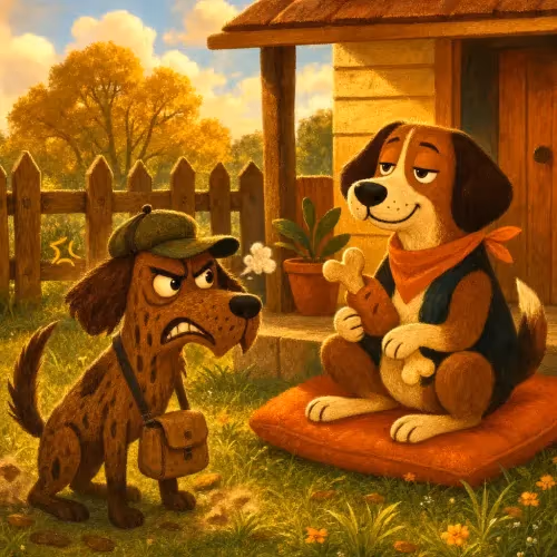 A muddy hunting dog confronting a well-fed guard dog lounging by the house