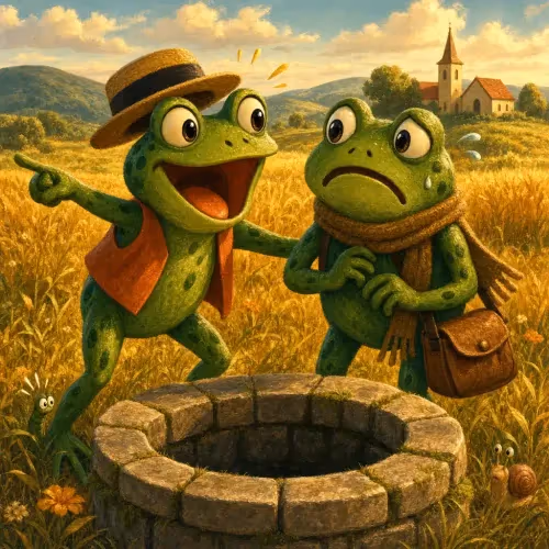 Two frogs peering down into a well, weighing whether to make it their new home