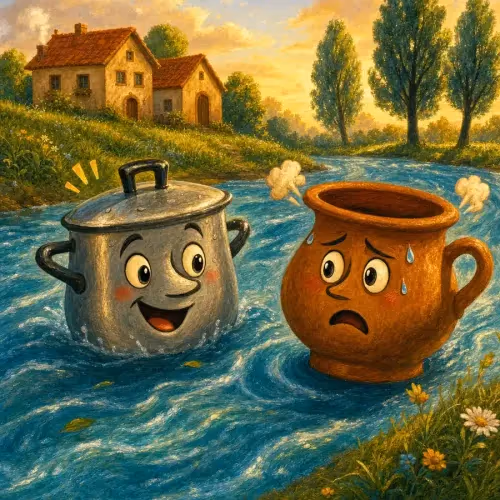A metal pot and a clay pot floating side by side down a gentle river