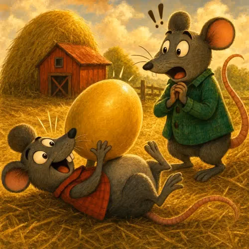 Two rats rolling a large egg together while a fox watches nearby