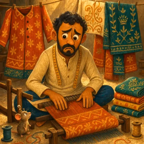 A weaver named Somilaka examining his loom, weighing a leap into a new opportunity