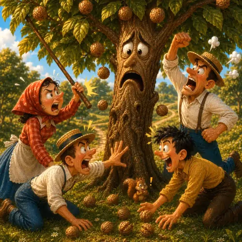 A walnut tree standing wounded and alone after being pelted with stones and sticks