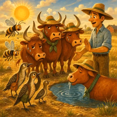 A farmer tending his oxen while thirsty wasps and partridges beg for water