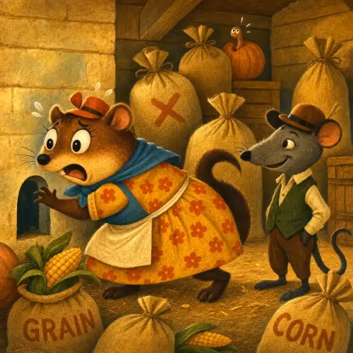 A round, overfed weasel stuck squeezing through a narrow hole in a granary wall