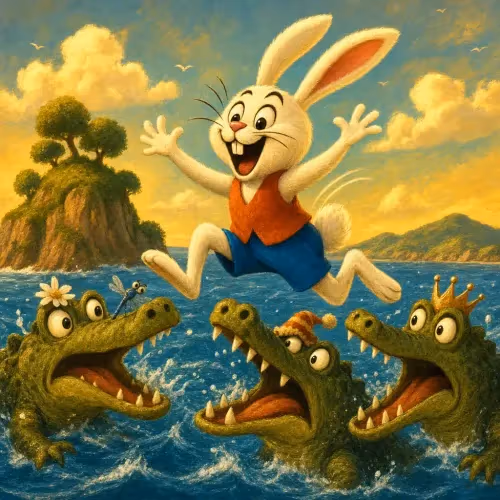 A hare hopping across a line of crocodiles stretched over the sea