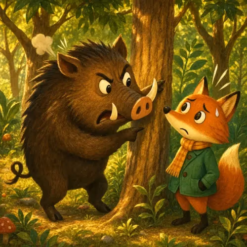 A wild boar sharpening its tusks against a tree while a curious fox watches