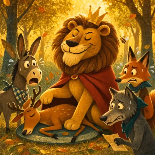 A lion claiming the largest share of meat while a donkey, fox, and wolf watch empty-handed