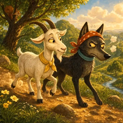 A goat standing firm on a ledge, outwitting two wolves circling below