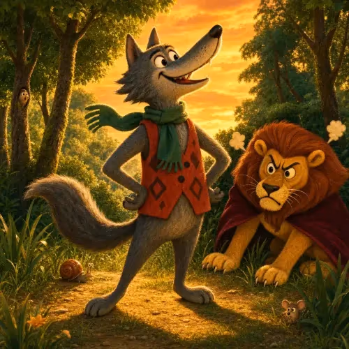 A wolf gazing proudly at his long shadow, unaware of a lion crouched behind him