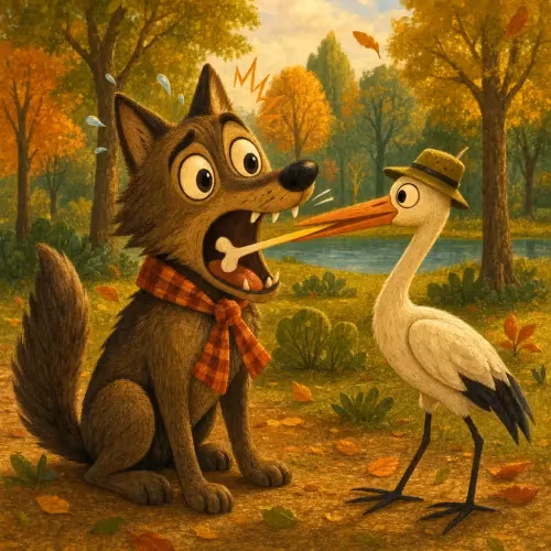 A crane reaching deep into a wolf's throat to remove a lodged bone
