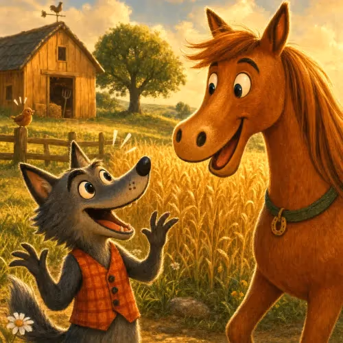 A wolf offering a feast of oats to a wary, unconvinced horse