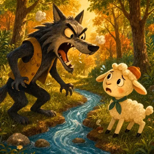 A wolf looming over a lamb drinking calmly downstream