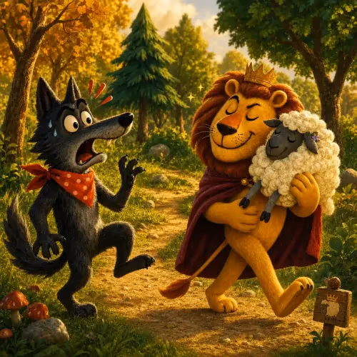 A lion snatching a stolen sheep away from a scheming wolf's jaws