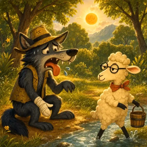 A limping wolf asking a wary sheep for water by the water's edge
