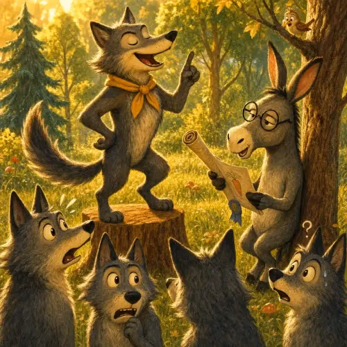 A donkey exposing a clever wolf's hidden selfishness in front of the other wolves
