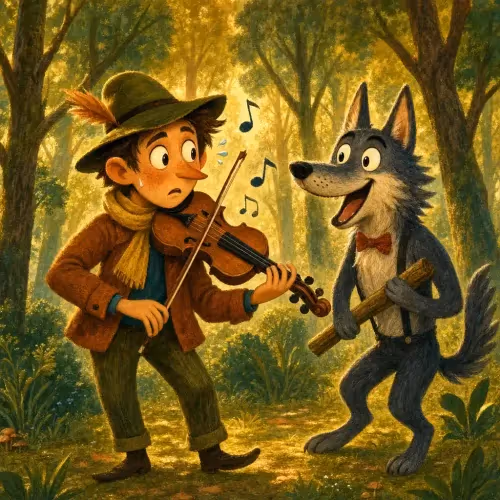 A musician playing his instrument, surrounded by a curious wolf, fox, and hare