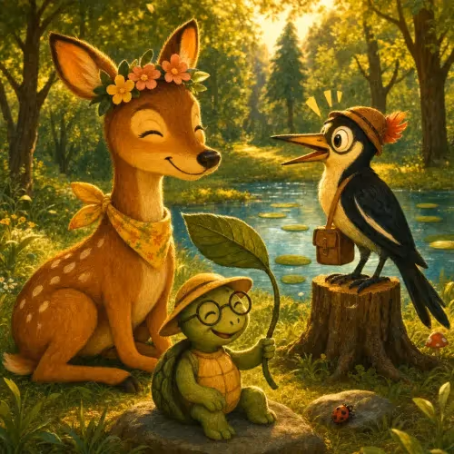 A woodpecker, turtle, and deer working together to free each other from a hunter's trap